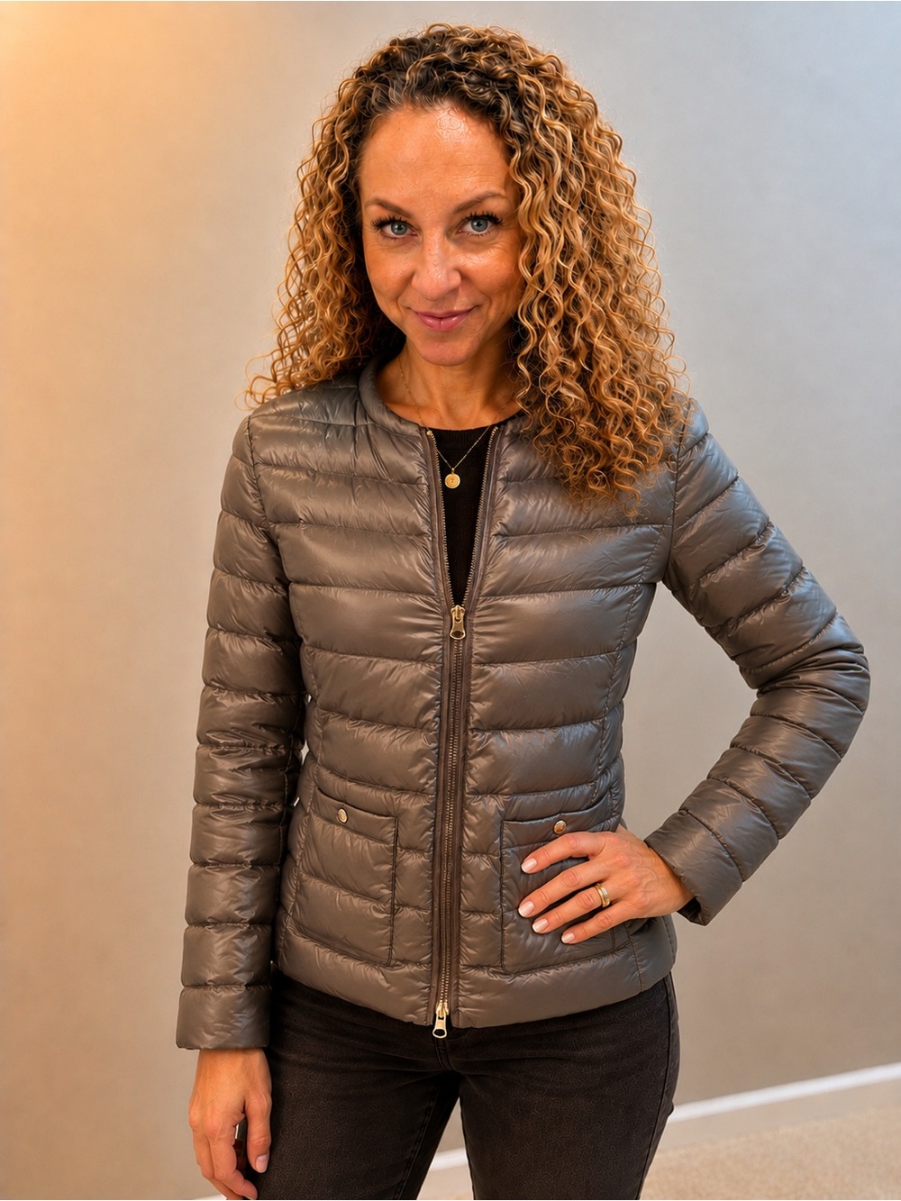 Peserico Lightweight Quilted Goose Down Jacket in Taupe Gray